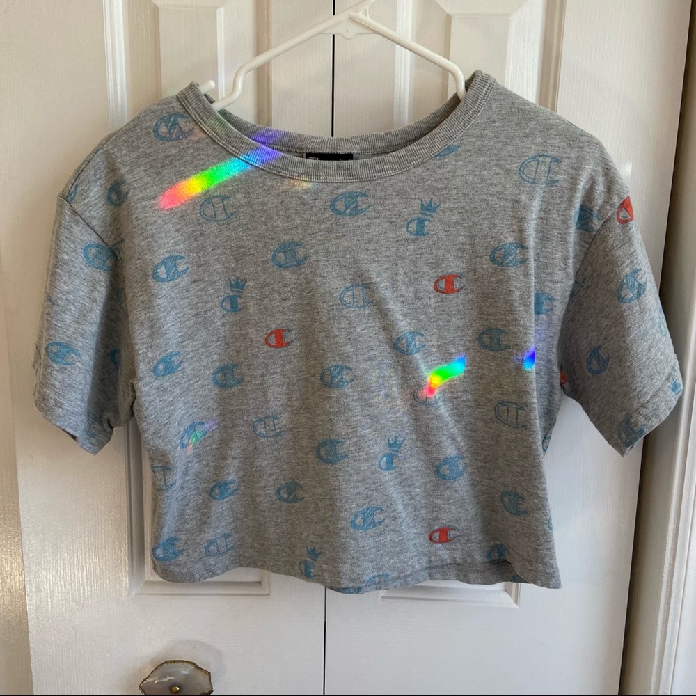 Champion Grey Crop Top Tee with Logo Pattern